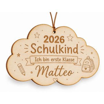 Personalisierter Holzanhänger für Schultüte mit Namen – Schulkind 2026 – Anhänger zur Einschulung & zum ersten Schultag – Geschenk für Mädchen und Jungen - Wolke
