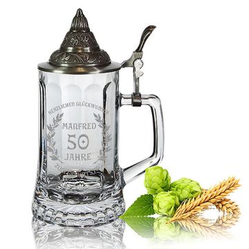 Bierkrug Minden 0,5L mit Zinndeckel mit Gravur Geburtstag
