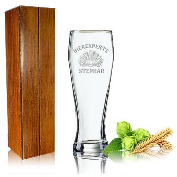 1 Weizenbierglas 0,5L im Geschenkkarton Holzoptik mit Wunschgravur - Logogravur
