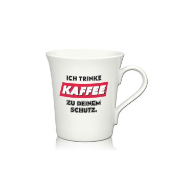 Lustige Porzellantasse Kaffeetasse Emilia weiss 34cl - Dekor: ICH TRINKE KAFFEE ZU DEINEM SCHUTZ.