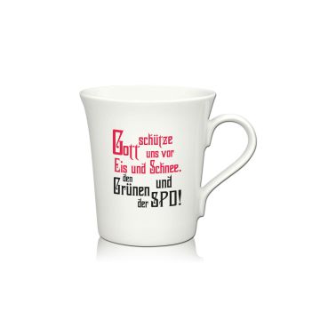 Lustige Porzellantasse Kaffeetasse Emilia weiss 34cl - Dekor: GOTT schütze uns vor Eis und Schnee, den Grünen und der SPD!