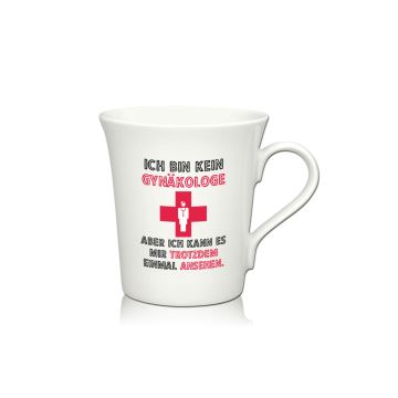 Lustige Porzellantasse Kaffeetasse Emilia weiss 34cl - Dekor: ICH BIN KEIN GYNÄKOLOGE, aber ich kann es mir trotzdem einmal ansehen. 
