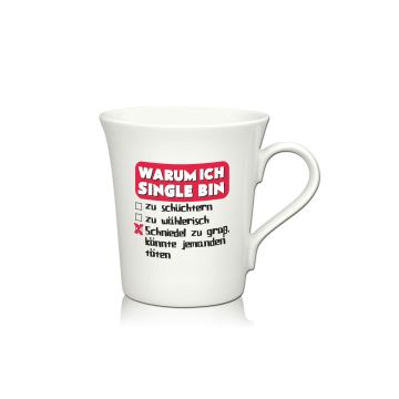 Lustige Porzellantasse Kaffeetasse Emilia weiss 34cl - Dekor: WARUM ICH SINGLE BIN: - zu schüchtern, - zu wählerisch, + Schniedel zu groß, könnte jemanden töten