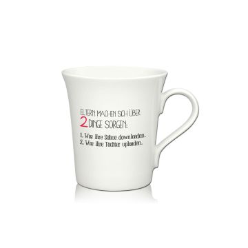 Lustige Porzellantasse Kaffeetasse Emilia weiss 34cl - Dekor: ELTERN MACHEN SICH ÜBER 2 DINGE SORGEN: 1. Was ihre Söhne downloaden. 2. Was ihre Töchter uploaden.