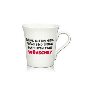 Lustige Porzellantasse Kaffeetasse Emilia weiss 34cl - Dekor: NUN, ICH BIN HIER. WAS SIND DEINE NÄCHSTEN ZWEI WÜNSCHE?