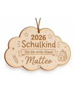 Personalisierter Holzanhänger für Schultüte mit Namen – Schulkind 2026 – Anhänger zur Einschulung & zum ersten Schultag – Geschenk für Mädchen und Jungen - Wolke