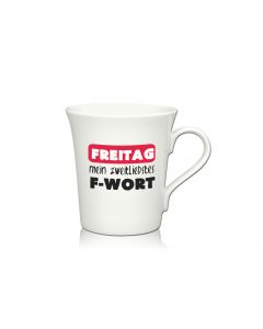 Lustige Porzellantasse Kaffeetasse Emilia weiss 34cl - Dekor: FREITAG mein zweitliebstes F-WORT