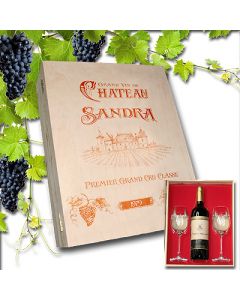 Holzbox Rotweinkiste Geschenkset Rotwein mit Gravur und 2 Weingläser graviert