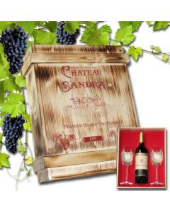 Weinkiste rustikal mit Gravur Rotweinflasche und Gläsern graviert