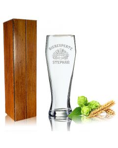 1 Weizenbierglas 0,5L im Geschenkkarton Holzoptik mit Wunschgravur - Logogravur