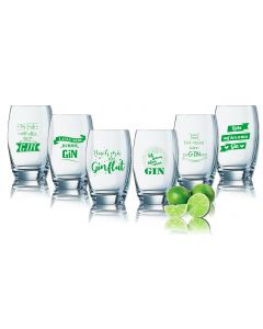 6er Sparset Gin Tonic Gläser mit Sprüchen DEUTSCH - lustige Gin-Gläser 35cl bedruckt - Geburtstagsgeschenk 