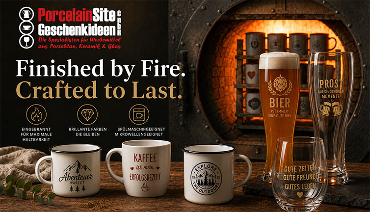 Finished by Fire. Crafted to Last. – gravierte und bedruckte Tassen, Emaille-Becher und <a class=